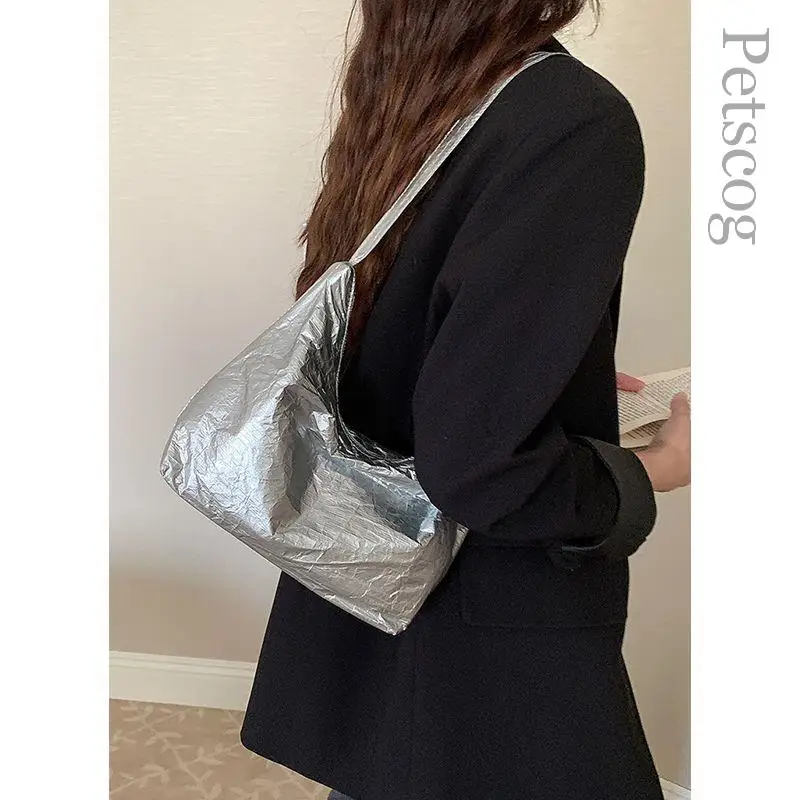 Pleated Design Handbags For Women Glossy Pu Leather Zipper Underarm Hobo Clutch Purse Korean Fashion Ladies Silver Shoulder Bags