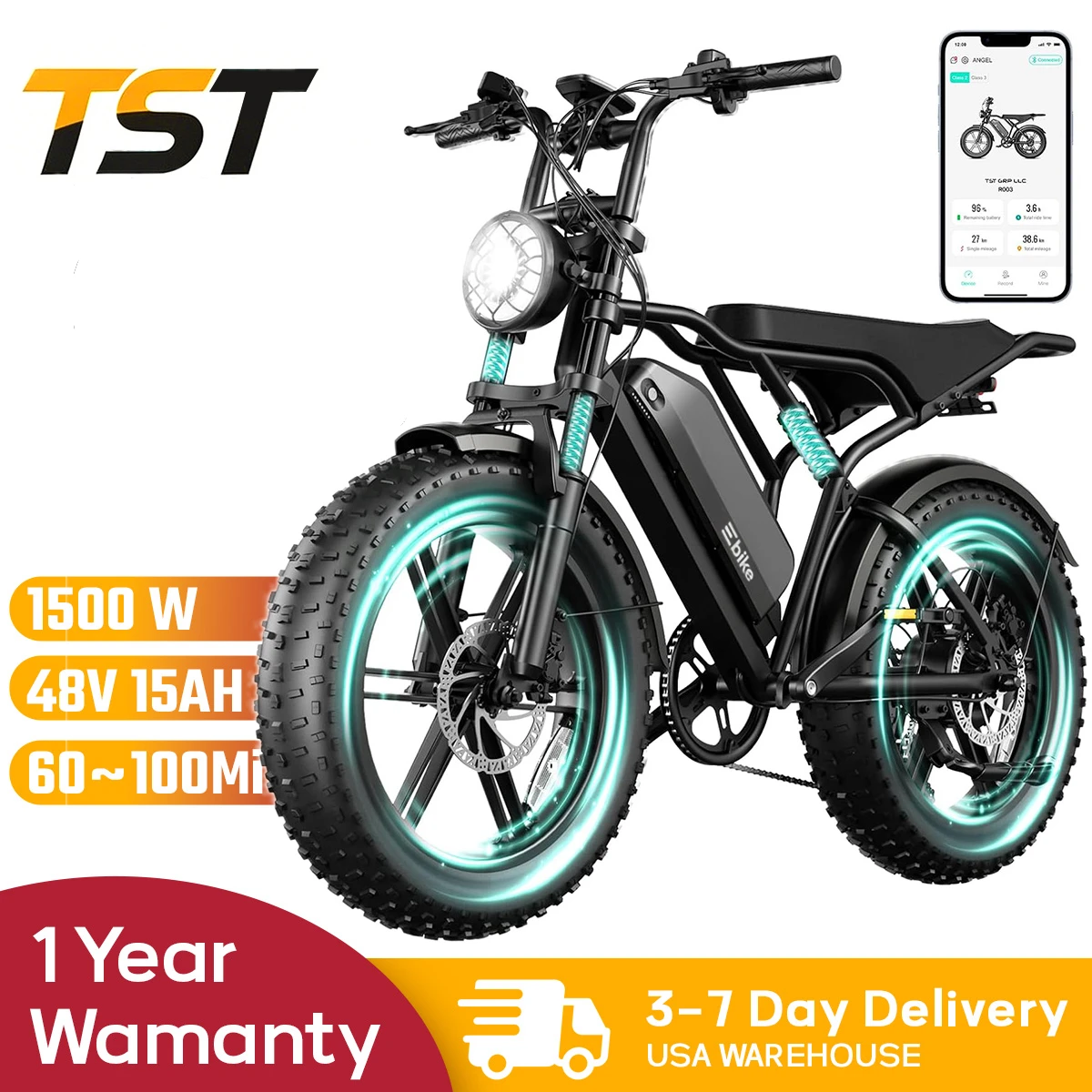 

TST R002 1500W e-bike, 20" fat tires, 60-100mile range, 28MPH, 48V 15Ah battery, for all terrains.