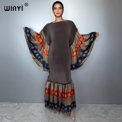 WINYI new Bubble sleeve pleated dress beach cover up kaftan abaya dubai luxury party dress long down muslim woman evening dress