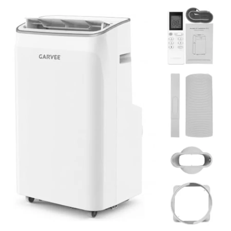 Portable air conditioner for bedroom use, aluminum housing, white color, 12000 BTU cooling capacity with 3-in-1 functionality c
