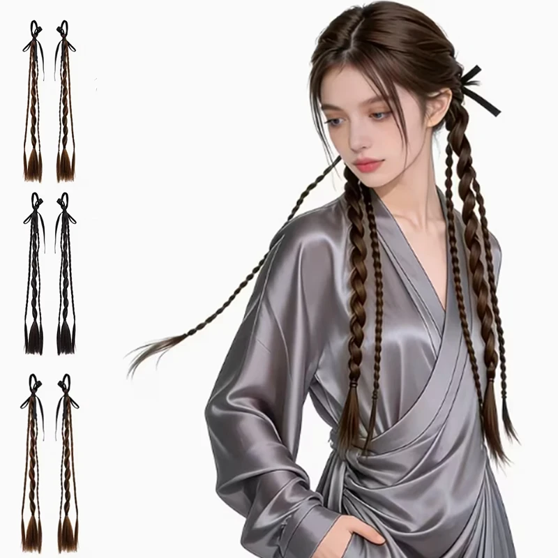 

2pc Y2K Style Women Synthetic Twist Braid Ponytail Extensions with Elastic Band High-Temperature Fiber Hair Ponytail Extensions