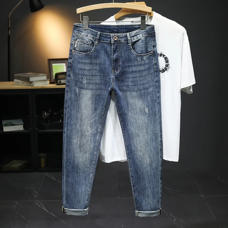2024new fashion brand jeans men's summer thin casual slim fit trendy slim straight high-end trousers
