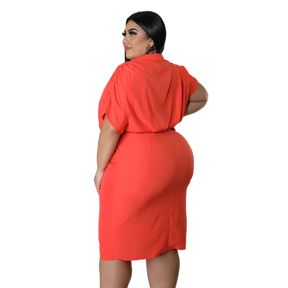 WSFEC XL-5XL Plus Size Women Clothing Summer 2023 New Style Short Sleeve Bandage Casual Bodycon Elegant Shirt Midi Dress Outfits