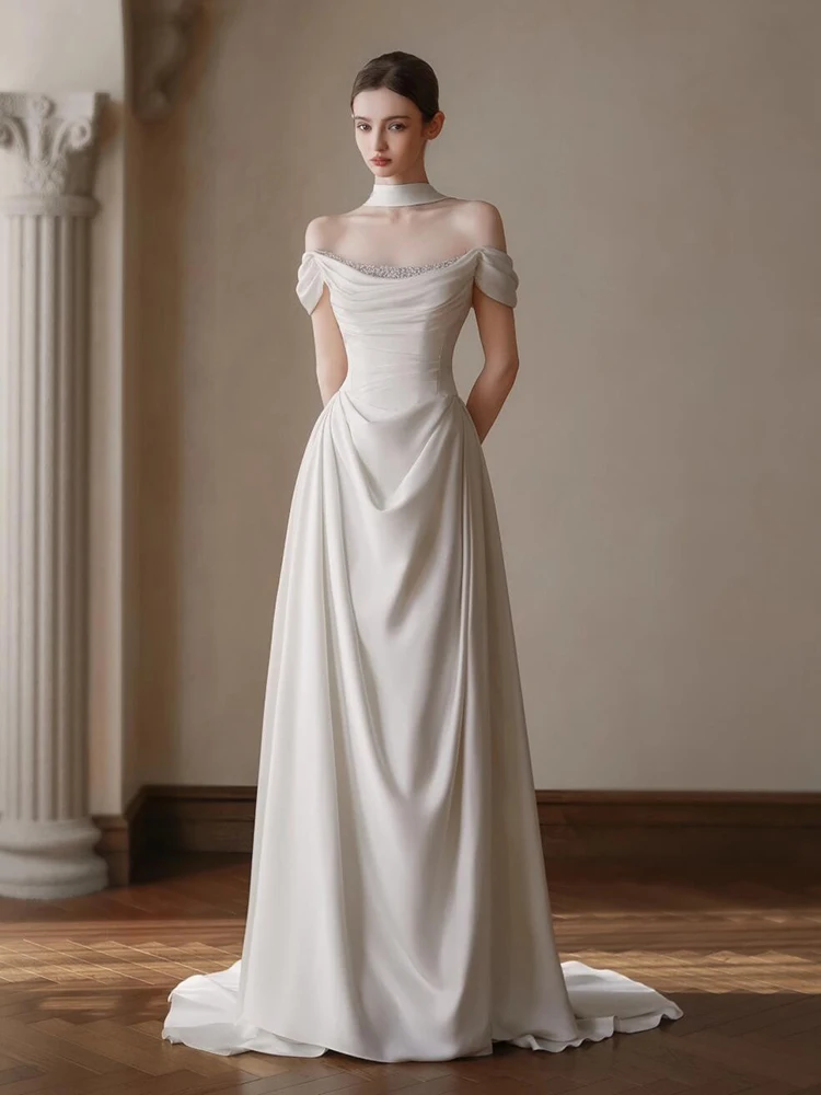 

Ele One-oulder Satin Wedding Dr White Luxury Sensation with Train for Wedding Reception Guest Dr Long Skirt