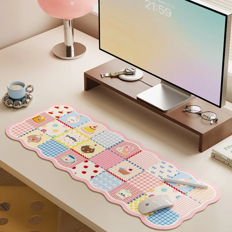 Kawaii Puppy PatchworkGrid Mouse Pad Waterproof Anti-Slip Leather Desk Mat Wave Edge Large Keyboard MousePad for Laptop Computer