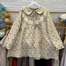 Women Vintage Plus Fleece Floral Corduroy Patchwork Hippie Blouse Winter Retro Chic Sweet Mori Girl Boho Cottagecore Lace Tops