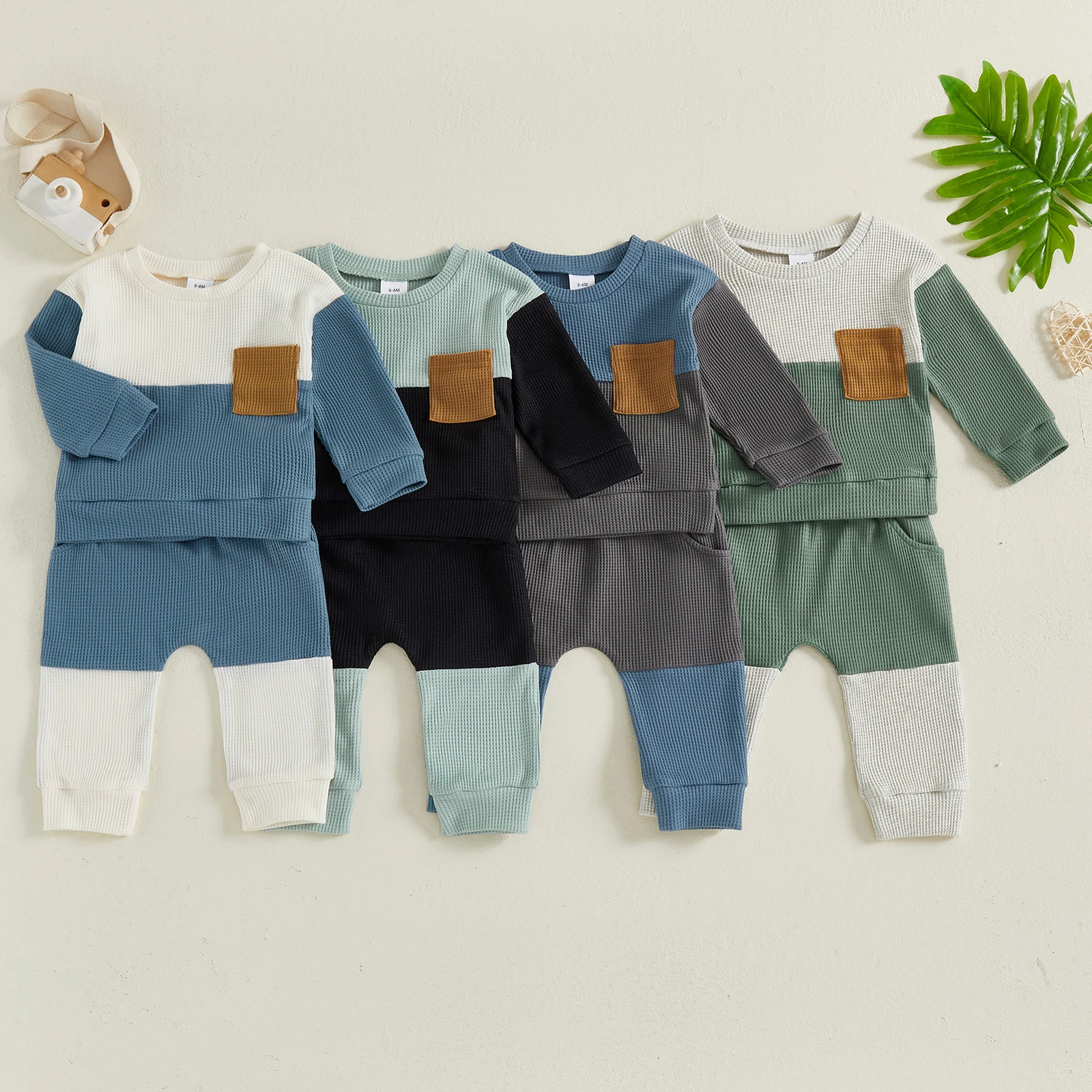 

Toddler Baby Boys Outfits Waffle Long Sleeve Contrast Color Round Neck Sweatshirts Tops + Elastic Waist Pants 2Pcs Tracksuits