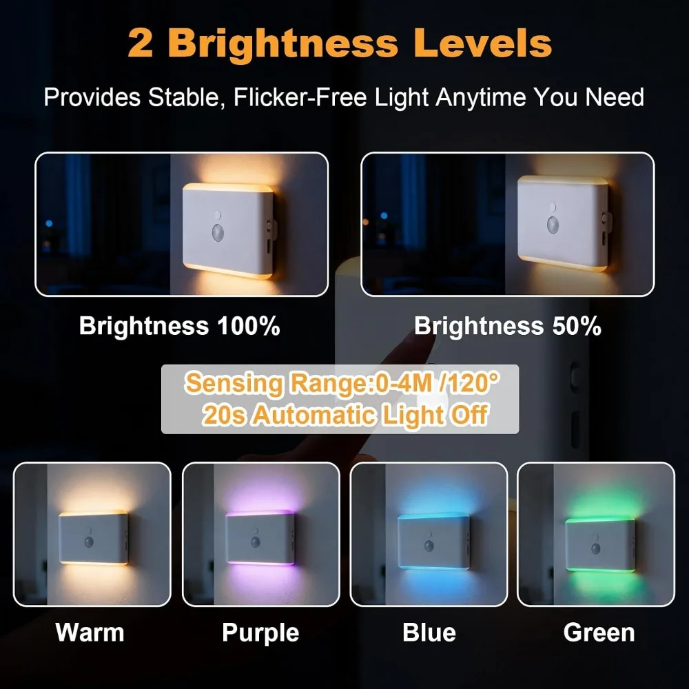 Rechargeable Motion Sensor Night Light 2-Pack, Warm & RGB Dimmable, Magnetic LED for Bedroom, Bathroom, Hallway view 4