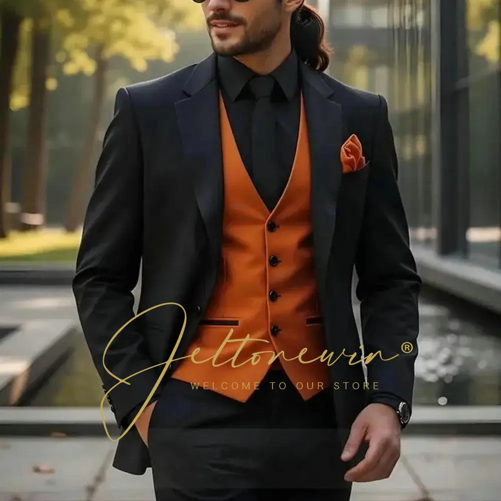 

Casual 3 Piece Men Wedding Suits Black Slim Notched Lapel Blazer Vest Pant Designs Party Prom Suits Best Man Business Wear Suit