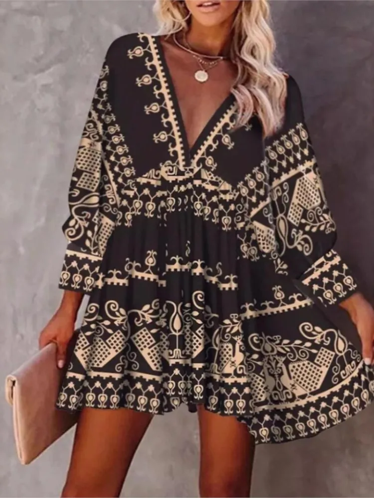 Boho Print Loose Dress Lady Fashion Long Sleeve Deep V Neck Pullover Mini Dresses For Women Casual Holiday Beach Womens Clothing