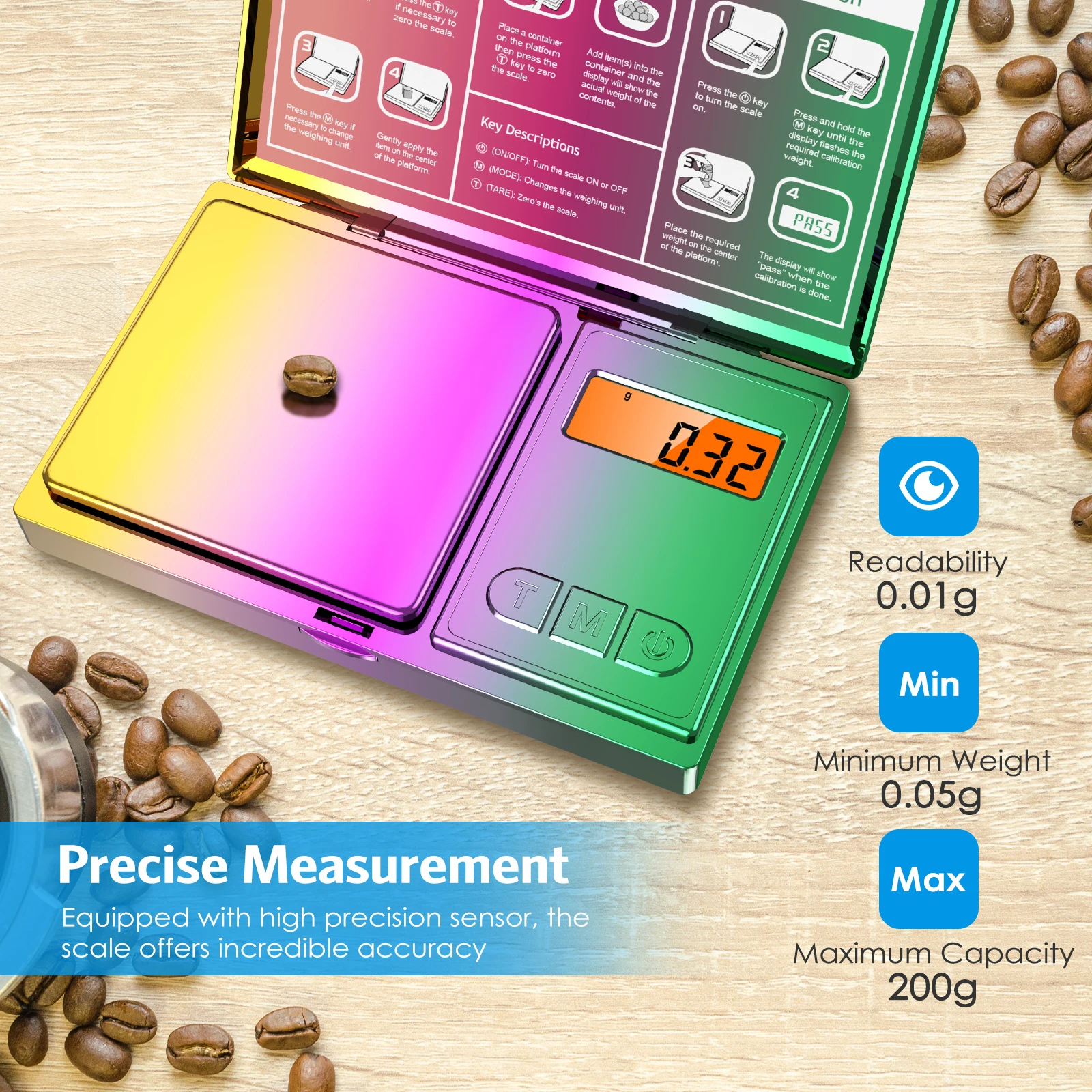 Digital Pocket Scale200g Stylish Rainbow Small Scale Mini Jewelry Scales with LCD Backlit for Gold, Jewelry, Food, Coffee, Herbs