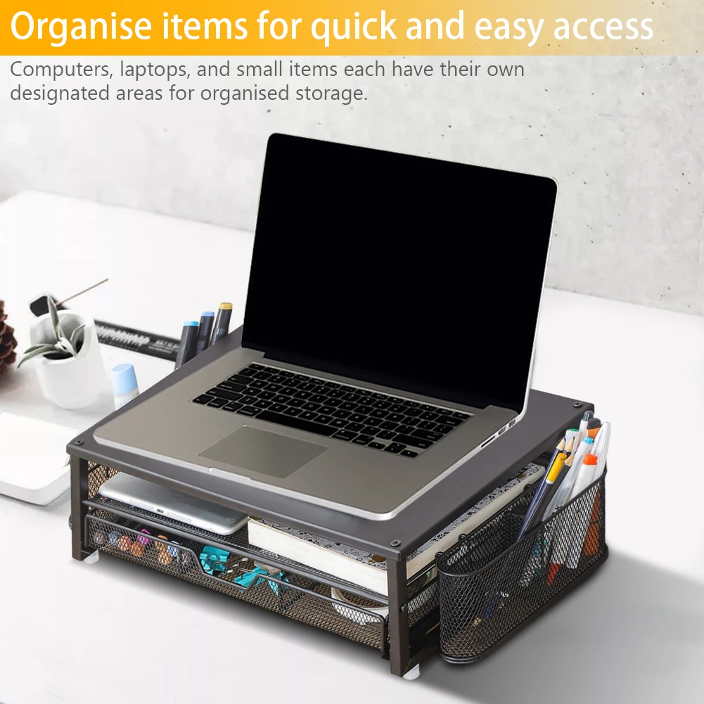 حامل شاشة كمبيوتر من طبقتين مع درج وحامل قلمين منظم مكتب شاشة مكتب ملحقات مكتب مكتب