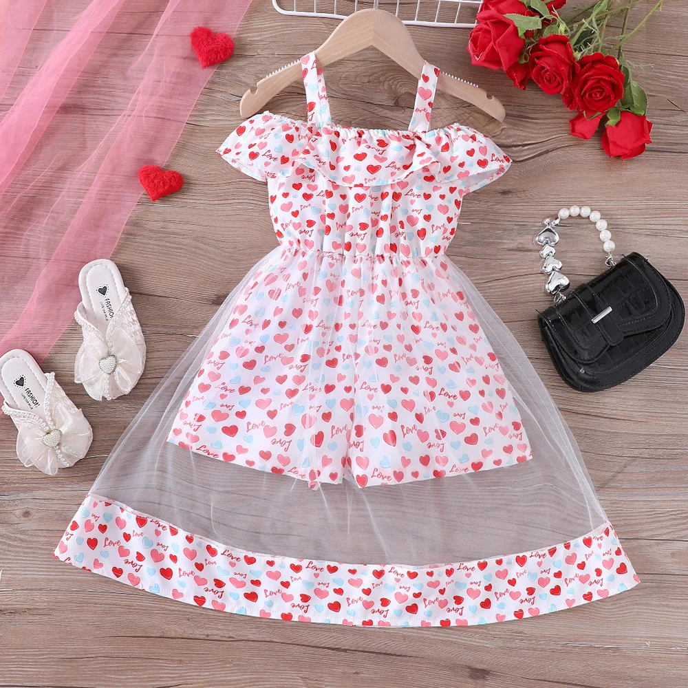 

Girls Casual Dresses Childrens Clothing New Product 2024 Summer Sweet Love Jumpsuit Splicing Mesh Yarn Simple Loose