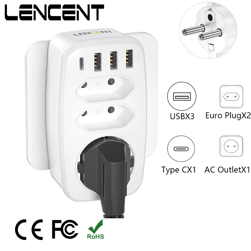 LENCENT Multiple USB Socket with 3 USB Ports 1 AC Schuko plugs and 2 EU plug Portable Plug Adapter Extensor for Home/Office