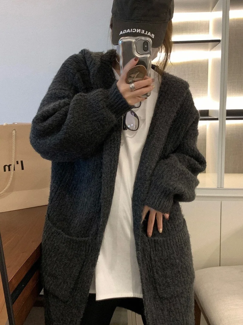

Ladies Thiened Long Open Cardigan Sweater Hooded Knitted Outerwear Autumn Winter Warm V-ne Casual Sle Pure Color
