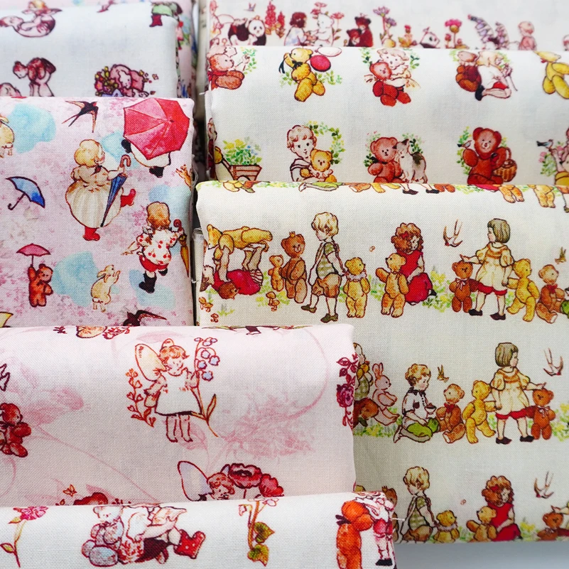 Pure Cotton Fabric Cartoon Bear Girl Pastoral Flowers Digital Printing Handmade DIY by Half Meter