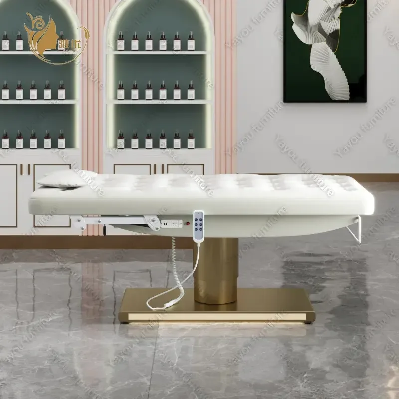 سرير تجميل كهربائي بثلاثة محركات مع قاعدة أسطوانية ذهبية وإضاءة LED لكرسي رموش سبا في صالونات التجميل