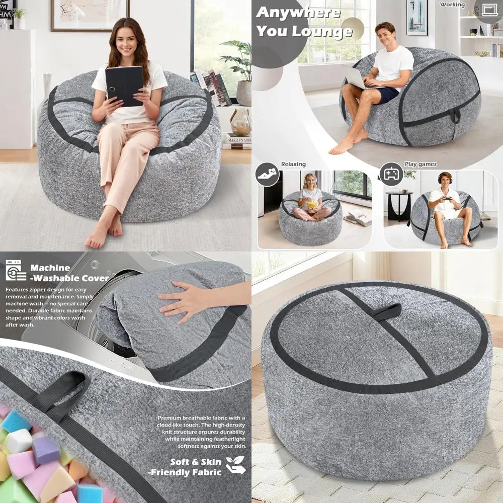 

Large Velvet Bean Bag Chair with Memory Foam, Portable Handle, Removable Cover, Comfortable Sofa for Living Room, No Assembly Re