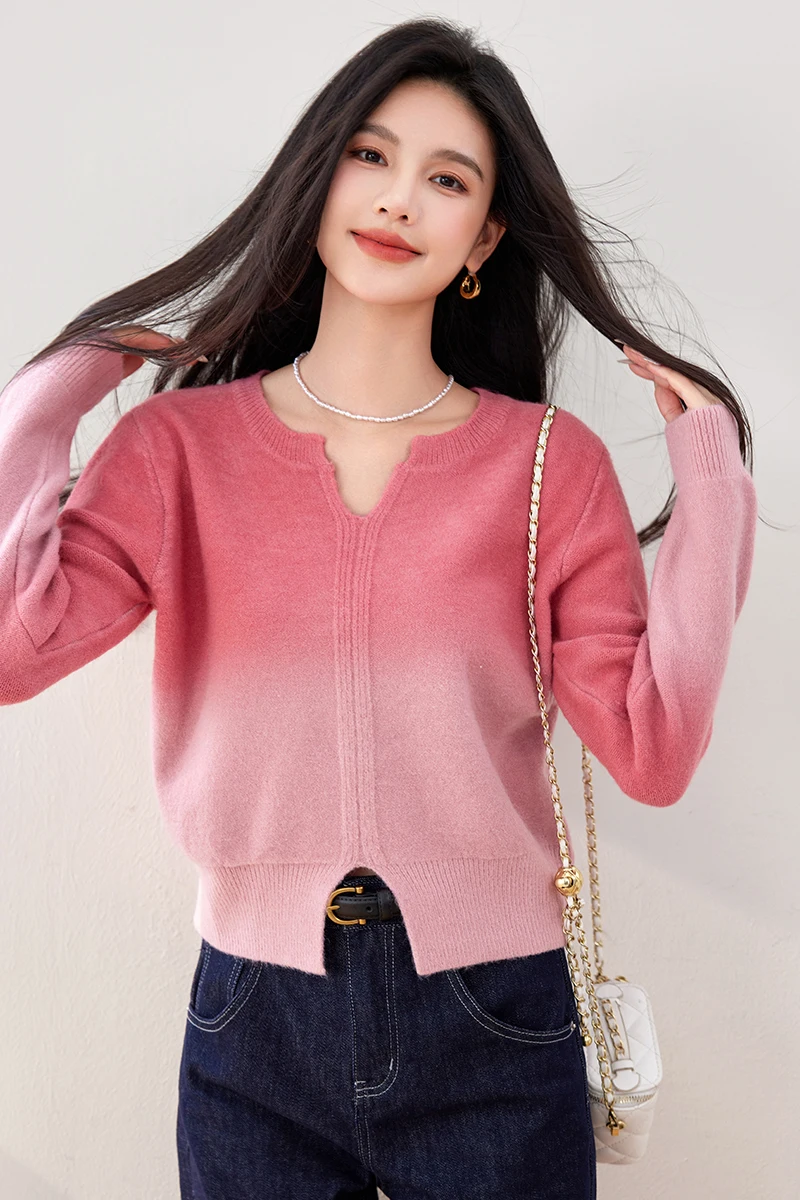 Lazy Style Pink Soft Knitted Casual Sweater New Autumn Winter Women V Neck Long Sleeve Thick Warm Tie Dye Pullover Tops