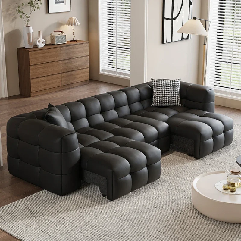 Italian Leather Electric Sofa Small Apartment Function Retractable Sofa Bed Straight Row Divano Letto Living Room Furniture