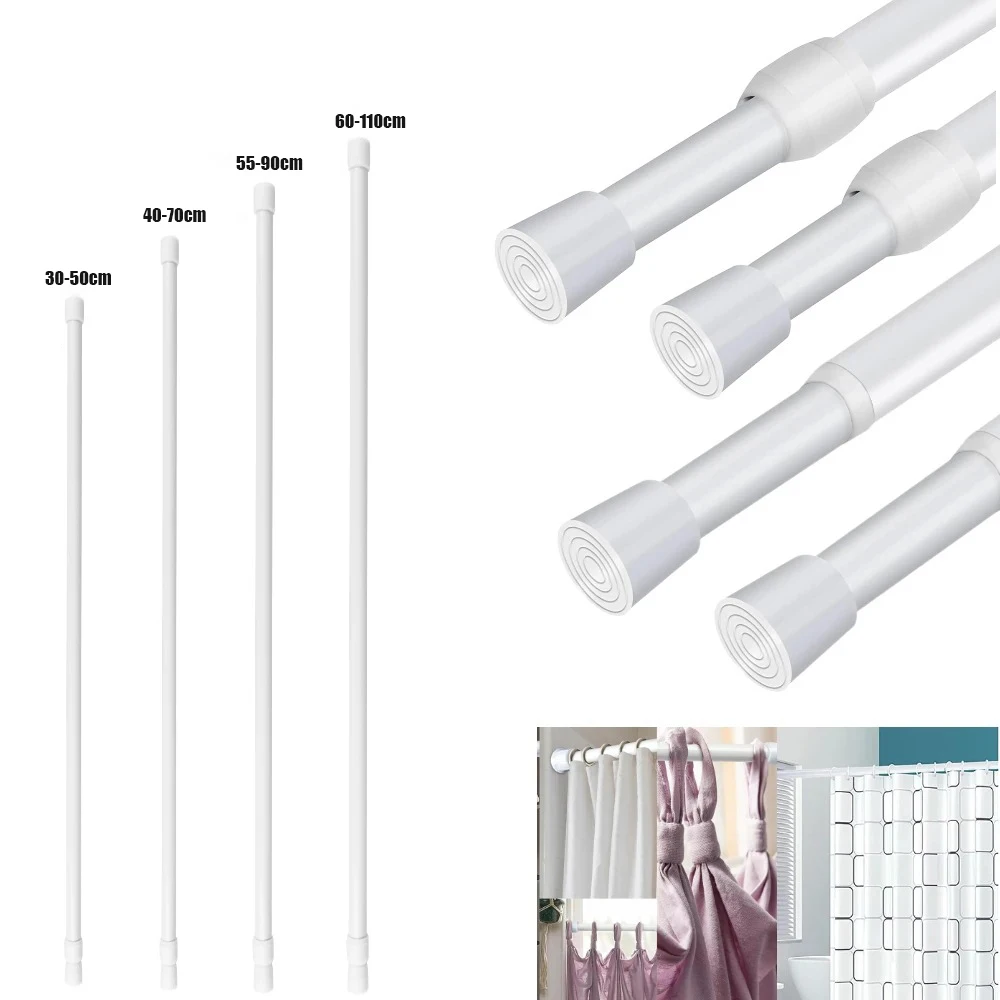 No Drill Tension Rod for Shower Curtain Door Window Kitchen Under Sink Shoe Shelf Organizer with Clip Hooks