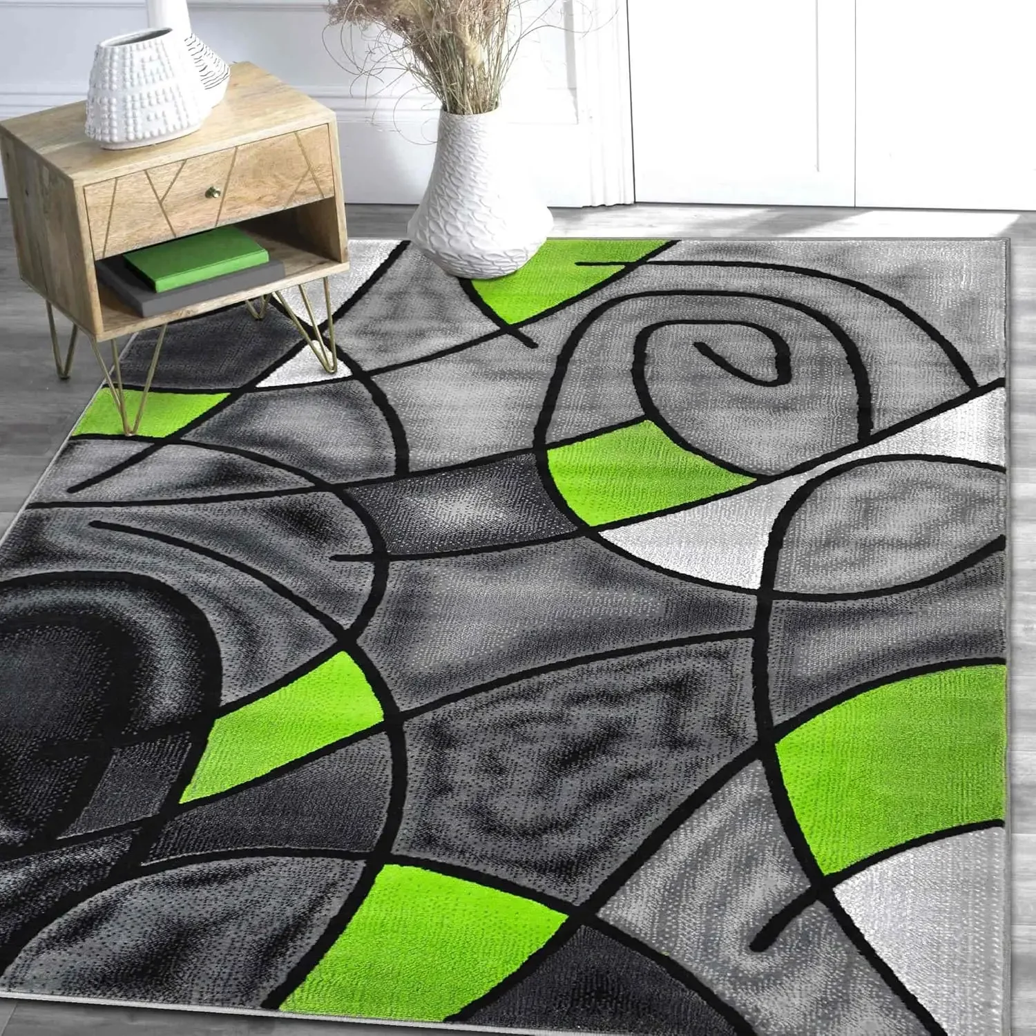 HR Electric Green/Gray/Black Abstract Area Rug - Modern Contemporary, Bedroom Rug with Circles Wave Design Pattern - Shed-Free &