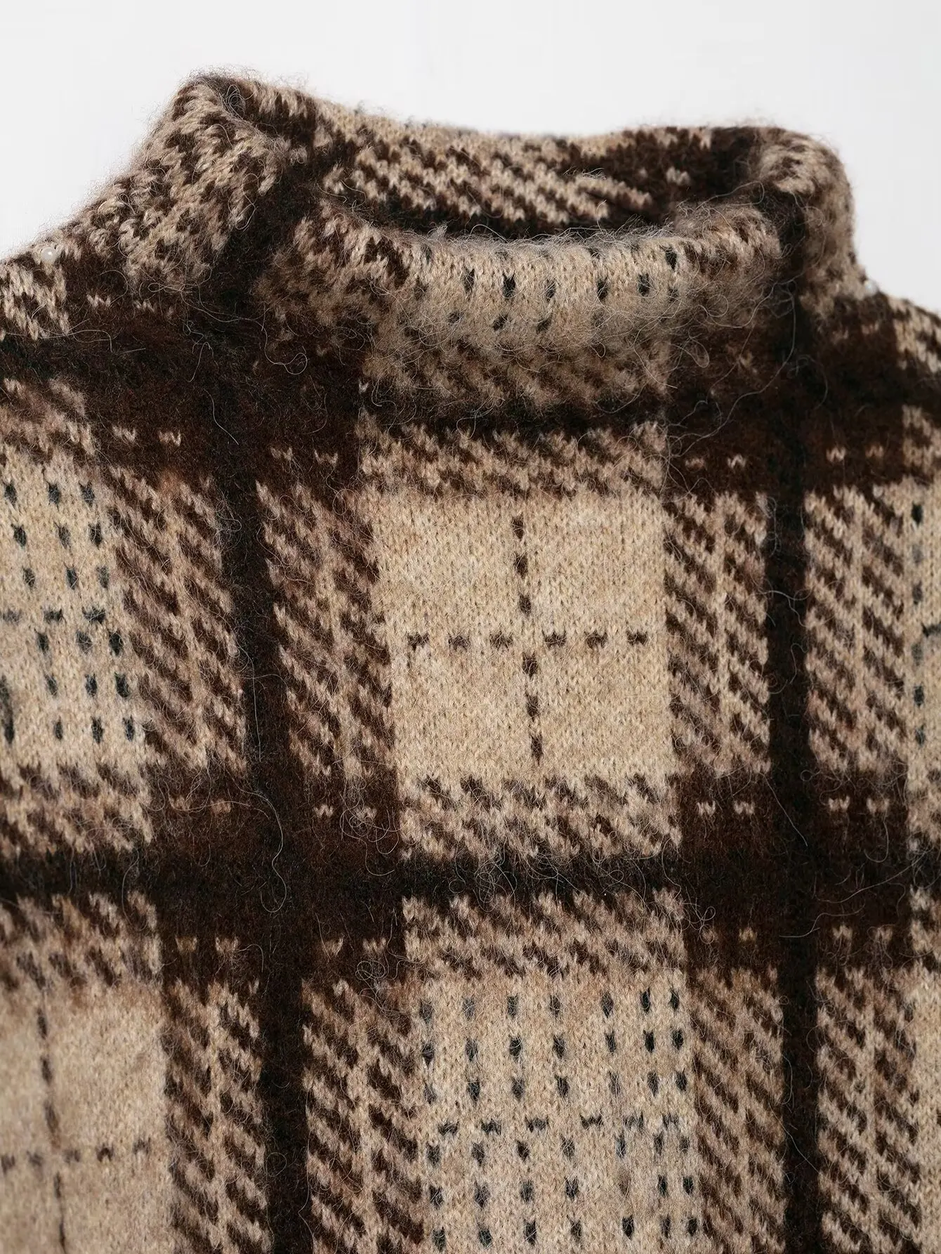 جديد 2025 الخريف الشتاء النساء القهوة منقوشة محبوك نصف عالية طوق البلوز سترة كم كامل البلوز فضفاض قصير تريكو