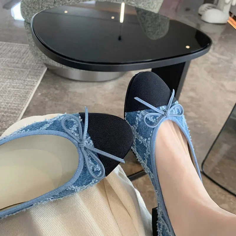 

2024 New Designer Blue jeans bow flat shoes woman round toe cloth patchwork flats plaid sewing moccasins denim loafers for women