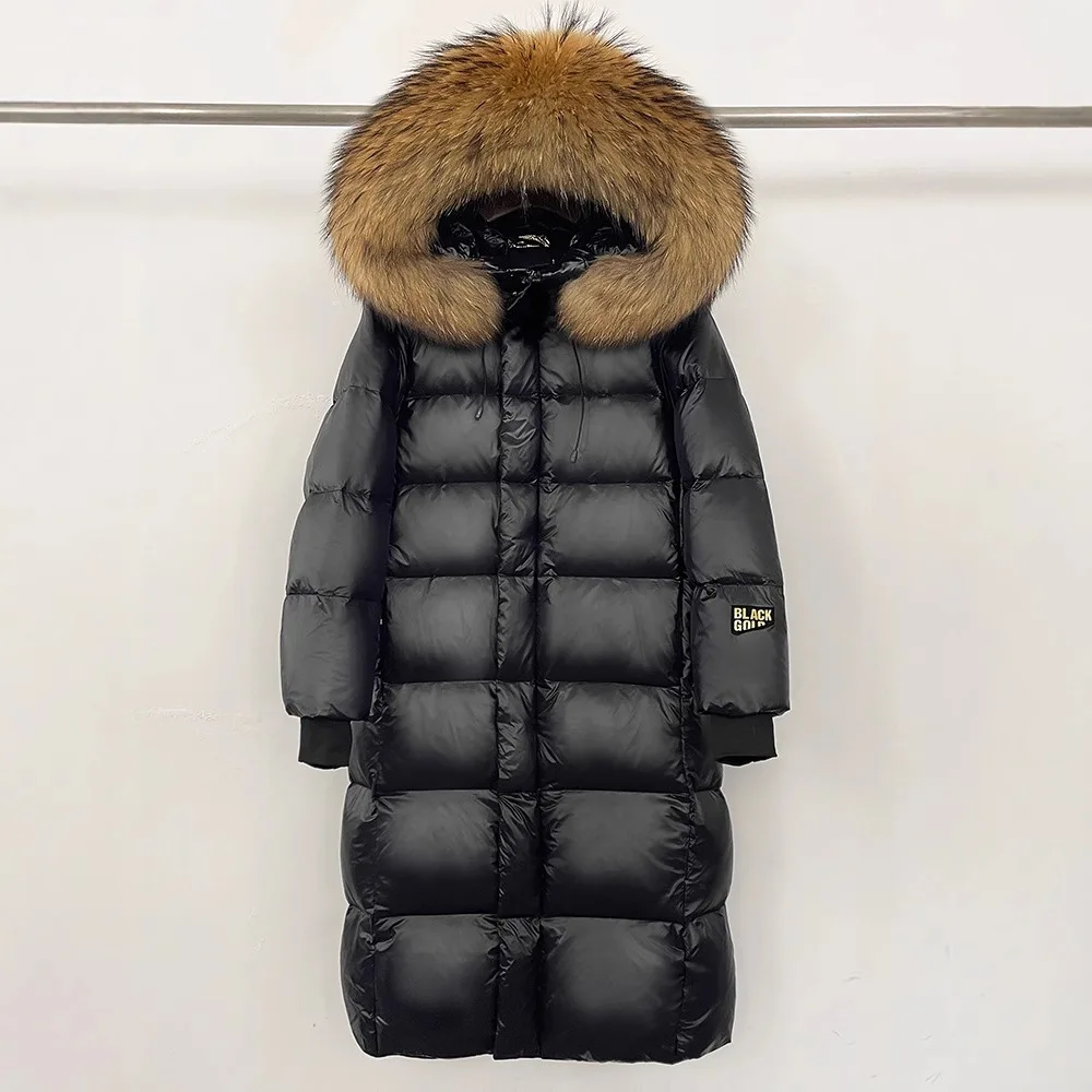 2025 الشتاء موضة أوزة طويلة أسفل سترة فو الفراء طوق مقنعين فضفاضة عادية سميكة الدافئة أسفل معاطف للنساء سترة منفوخة