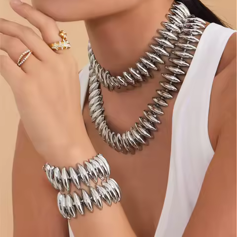 Chunky Choker Necklace Bracelet Set In Stainless Steel 18k Gold Plated Shuttle Beaded Thick Short Necklaces Bracelets For Women