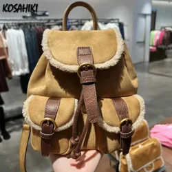 Vintage Patchwork Fluffy Pockets Backpack Casual Girls All Match Trendy Schoolbags Korean Streetwear  Backpacks for Women