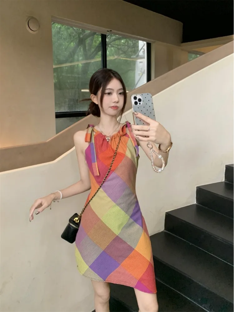 

Korean Contrast Color Plaid Asymmetrical Halter Dress Women's Summer Style Vintage Trendy Design Short Skirt