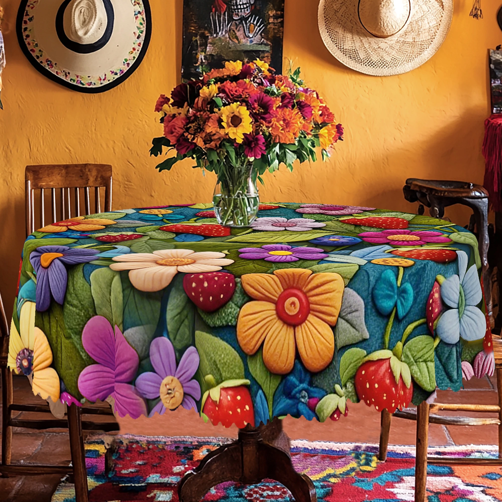 1 pieza de mantel floral redondo y rectangular de primavera y verano, disponible en varios tamaños, diseño de patrón de flores estéreo 3D, proceso de estampado de bordes, adecuado para la cocina del hogar, interior y exterior, manteles de picnic, decoración del hogar de primavera y verano