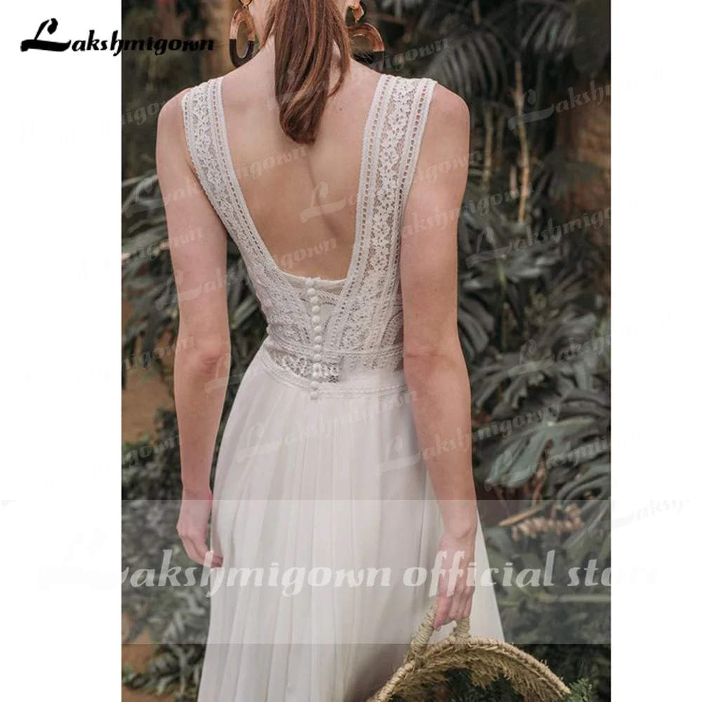 2021 Sexy Sweetheart Sleeveless Tank Lace Chiffon Backless Wedding Dresses with Back Buttons vestido para boda playa Lakshmigown