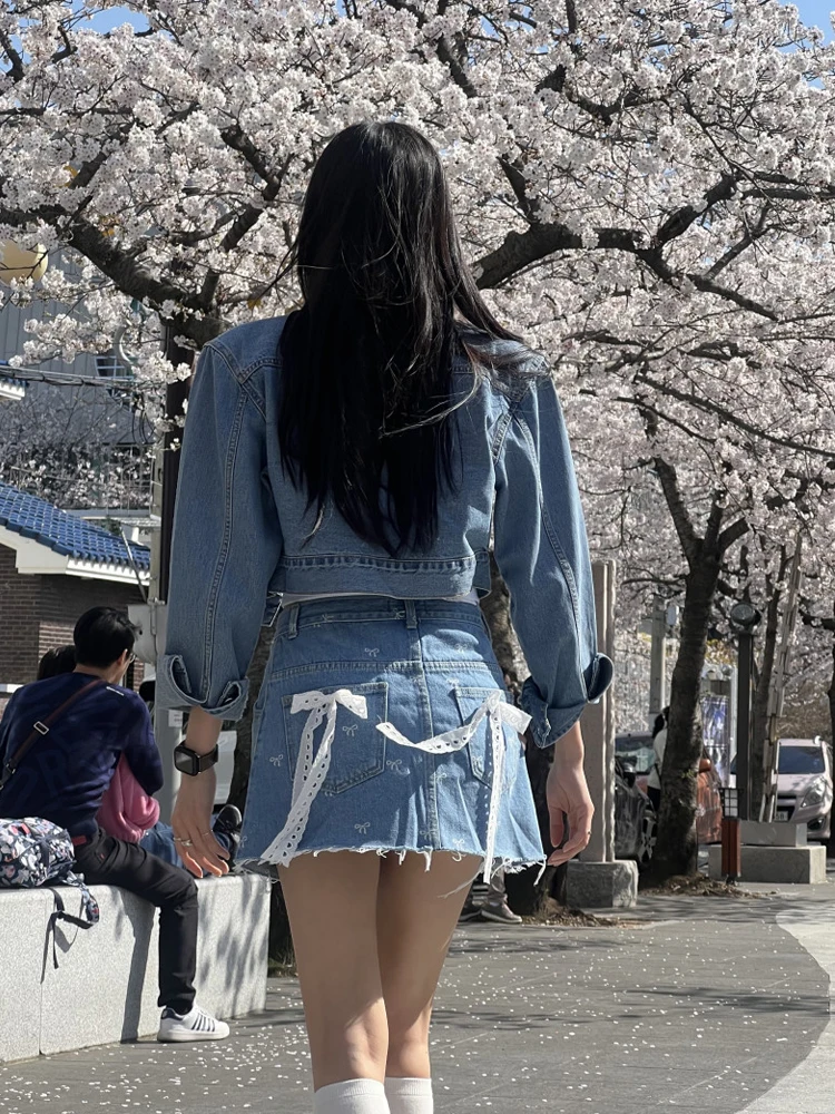 

Корейская джинсовая юбка с узлом, женская юбка трапециевидной формы, милая антивозрастная уникальная конструкция, чувственная шелковая лента