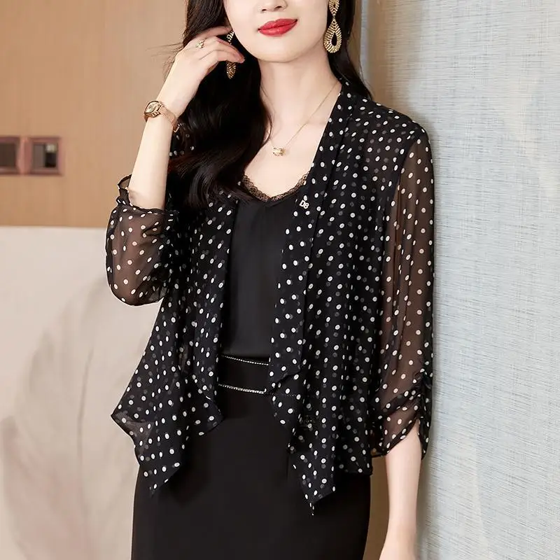 Women Clothing Fashion Polka Dot Print Elegant Thin Sunscreen Shirt Summer 3/4 Sleeve Loose See Through Blouse Casual Loose Tops