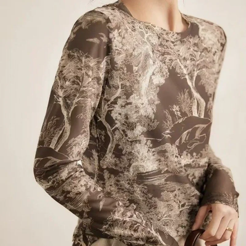 

High-end Stretch Mesh Top Spring New Fashionable Bottoming Shirt Mother's Wear Long-sleeved T-shirt