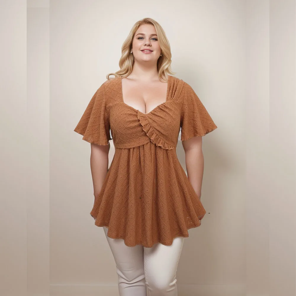 Ros gal Plus Size Kaffee lässig T-Shirts aushöhlen Raute Stickerei Rüschen übertreffen Tops Frauen Sommer Schatz Hals T-Shirts