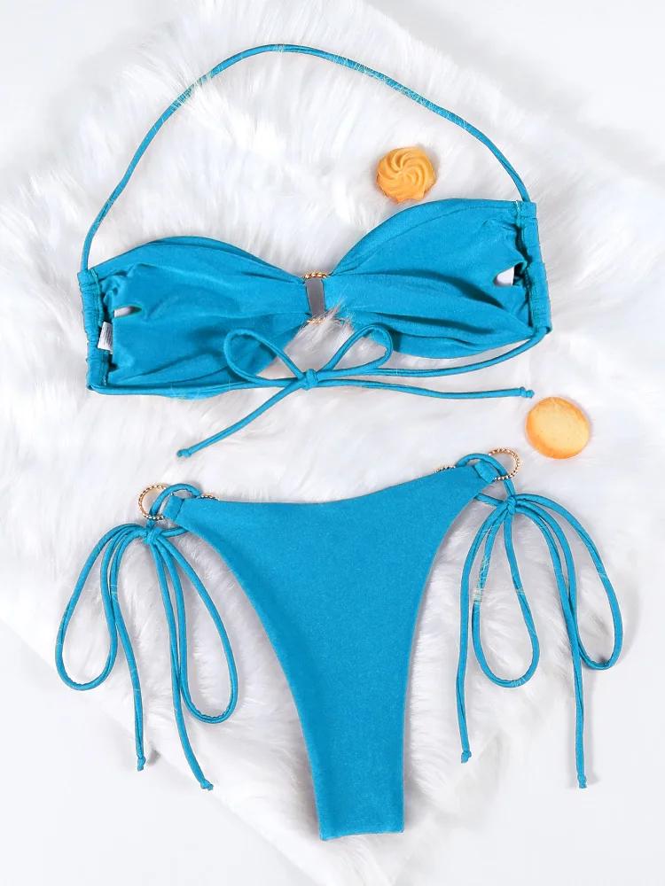 Push Up 2-Piece Bikini Swimsuit Ruffles Bikinis Set Blue Swimwear 2023 Women Bathing Suit Sexy Biquini Mujer Beachwear Summer