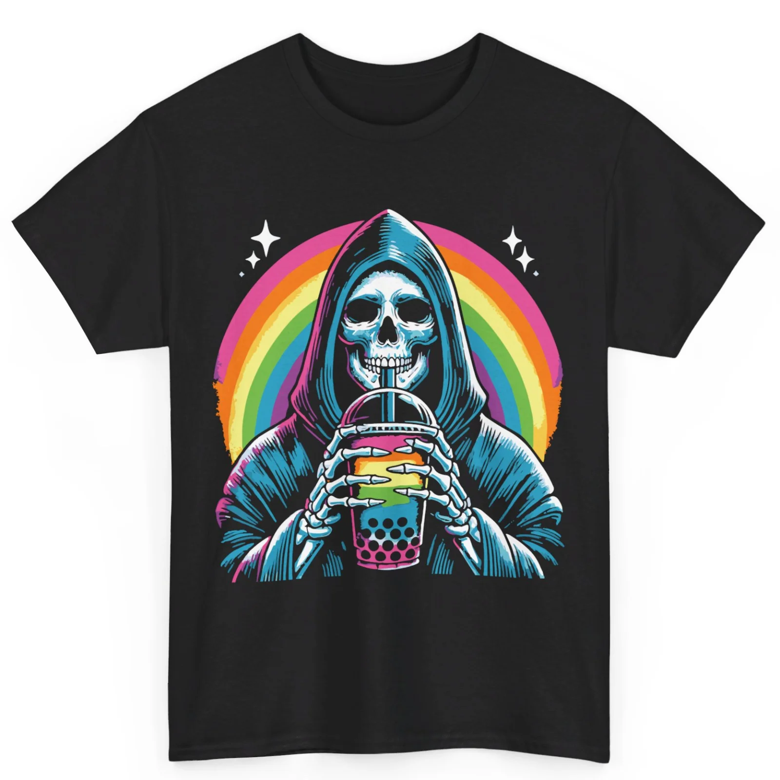 Skeleton Drinking Boba Tea Funny Colorful Halloween Unisex Cotton T-Shirt