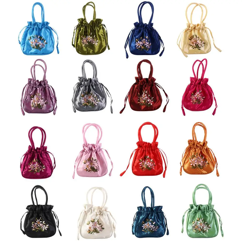 Retro Elegant Satin Silk Embroidery Totes for Women Floral Drawstring Handbag Hanfu Woman Purse Wallet Small Tote Bags