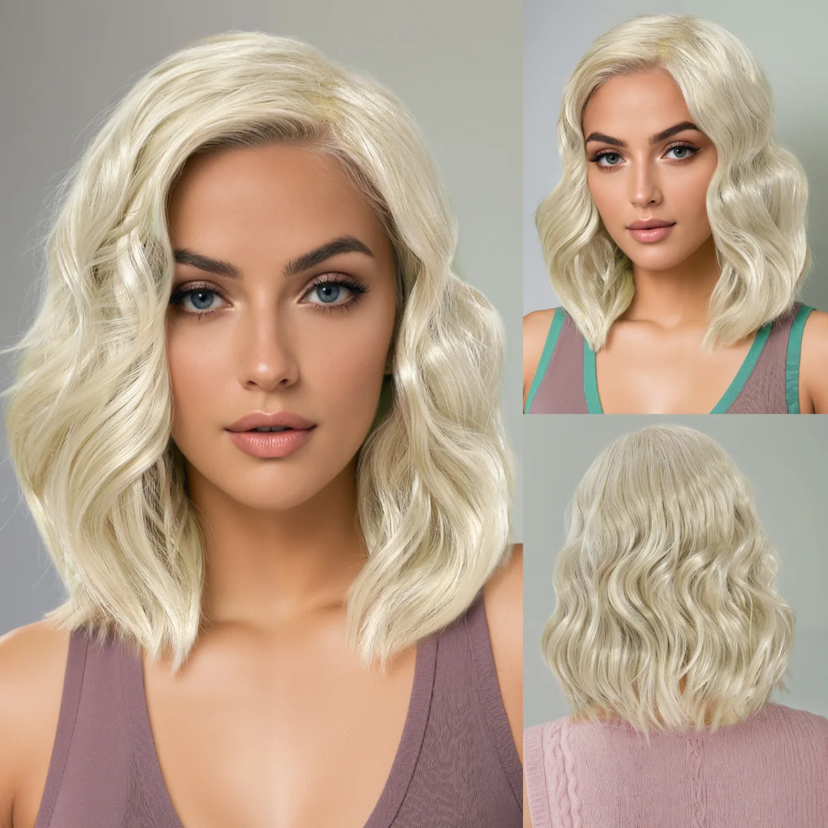 European and American fashionable women's short curly hair with water ripple and slanted bangs wig cover-Synthetic fiber wig