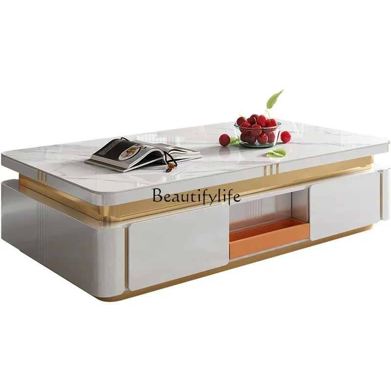 

Rock slab coffee table simple living room creative white Nordic high-end coffee table TV cabinet combination