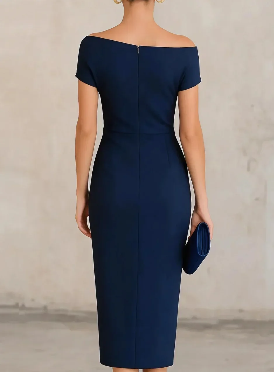 Damen Ein-Schulter-Kleid mit Geraffter Taille Wickelkleid mit Schlitz Midi-Bleistiftkleid Elegantes Einfarbiges Büro-Pendlerkleid – Detail 8