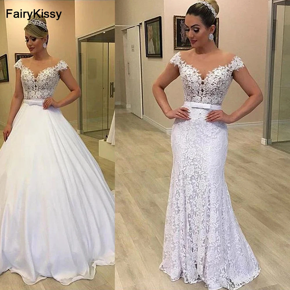 FairyKissy White Lace 2 in 1 Mermaid Wedding Dresses Cap Sleeves Detachable Train 2 Pieces Bridal Gowns Vestido De Novia