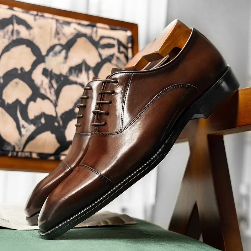 Business formal wear small square toe high-end cowhide leather shoes men's three-joint Oxford leather shoes