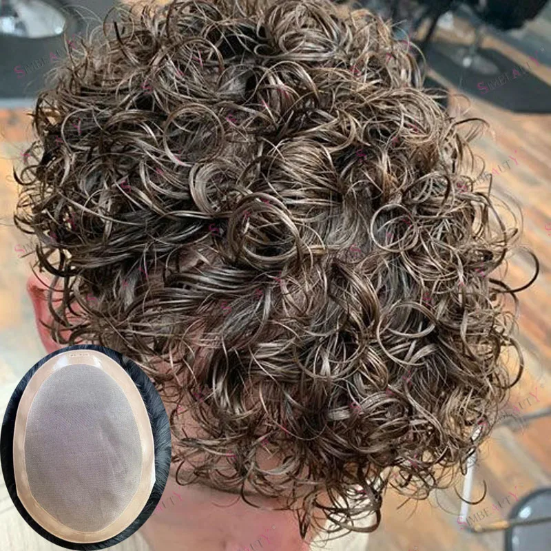 

Super Durable European Light Brown Curly Human Hair Man's Wigs Undetectable Black Hairpieces Natural Hairline Men Mono Toupee