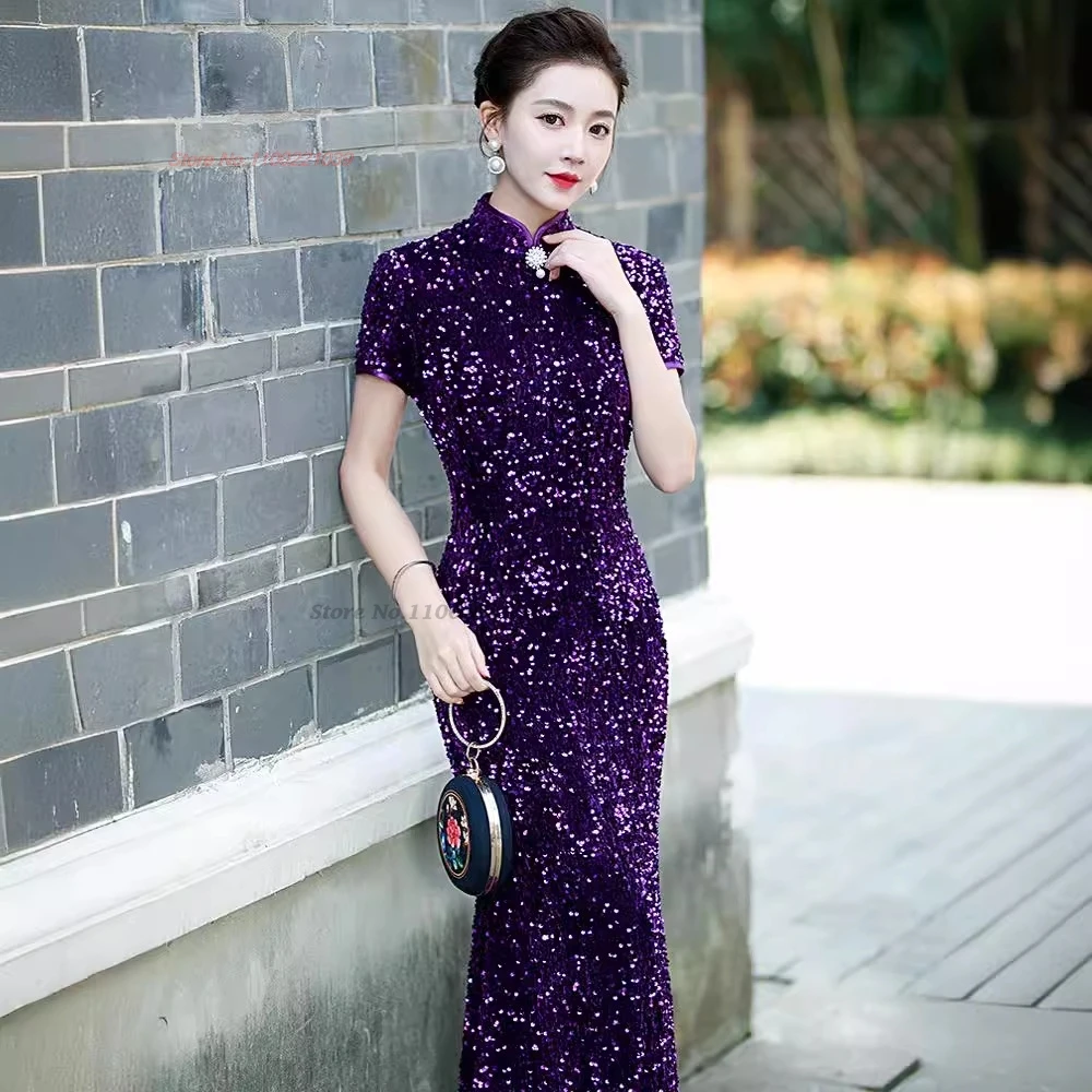 

2024 traditional chinese vintage qipao sequin velvet cheongsam oriental improved qipao stage performance dress banquet qipao