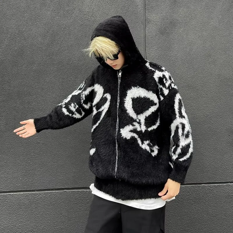 

Autumn Winter New Knitted Cardigan Unisex Trendy Jacquard Hooded Loose Sweater Versatile Casual Top