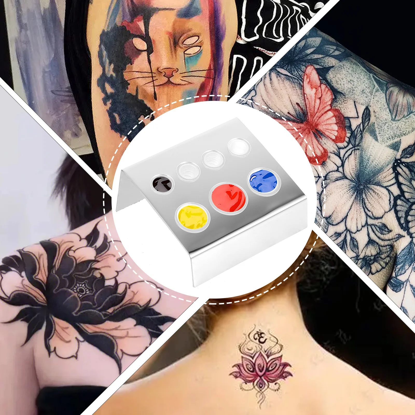 مجموعة واحدة من حامل أكواب حبر الوشم مكونة من 7 فتحات من الفولاذ المقاوم للصدأ والمواد البلاستيكية ومتانة قوية واستخدام بسيط ومثالي للوشم #4